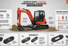 Kubota KX040-4 rubber tracks installed on a compact excavator, showing durable tread design for construction and landscaping work