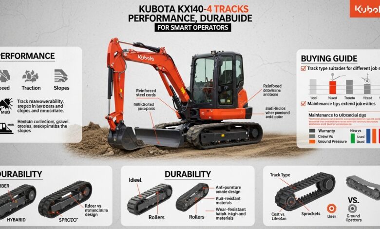 Kubota KX040-4 rubber tracks installed on a compact excavator, showing durable tread design for construction and landscaping work