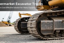 Aftermarket excavator tracks installed on a heavy-duty excavator for improved traction and durability